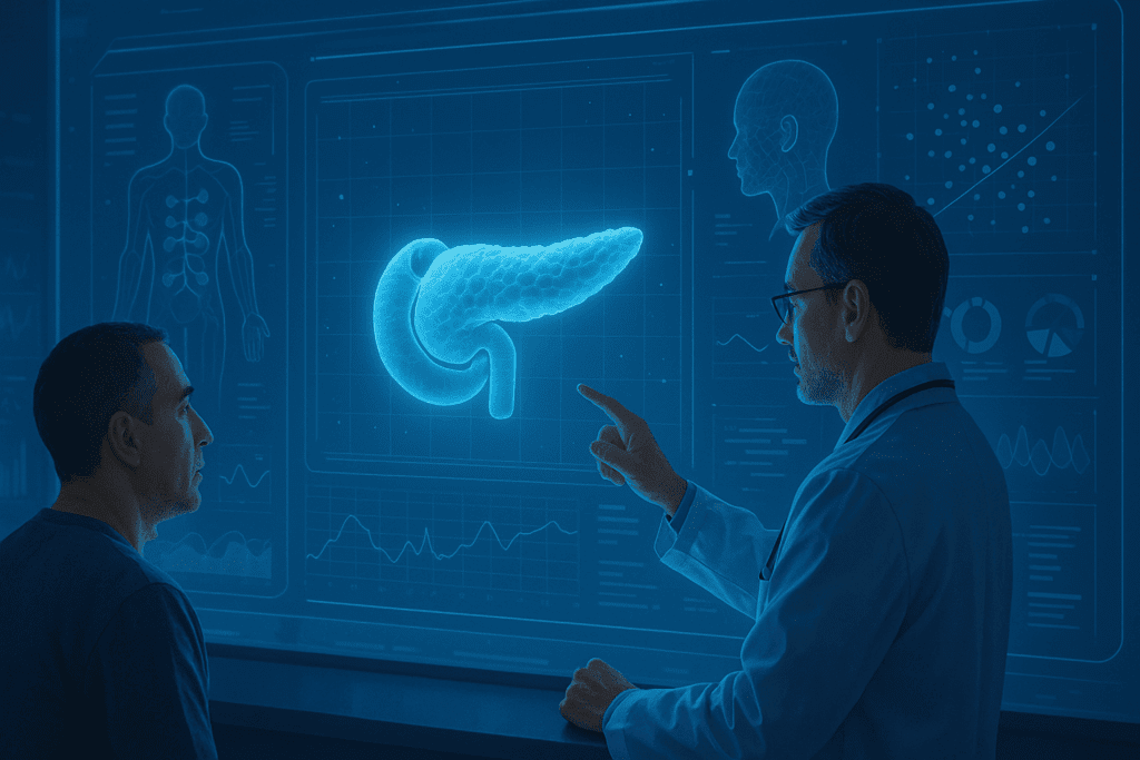 Doctor and patient reviewing a holographic pancreas with AI analysis to explain Can You Have Type 1 and Type 2 Diabetes at the Same Time
