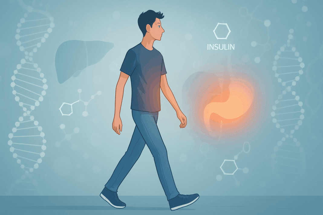 Slim person walking through a scientific scene with DNA strands and glowing pancreas, symbolizing Type 2 Diabetes Without Being Overweight.