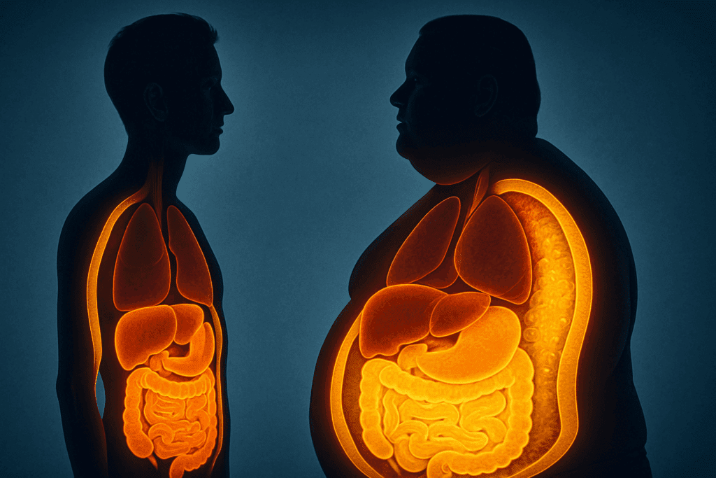 Cross-sectional medical illustration comparing visceral fat around organs in a lean and overweight body, highlighting risks of Type 2 Diabetes Without Being Overweight.