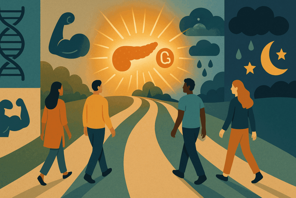 Diverse individuals walking toward glowing pancreas and glucose icons, symbolizing pathways to Type 2 Diabetes Without Being Overweight.