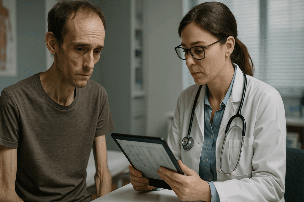 Thin patient showing signs of fatigue and weight loss during a clinical checkup, as doctor examines blood test results on a tablet. The scene emphasizes managing Type 2 Diabetes Without Being Overweight, highlighting the importance of early detection and medical guidance.