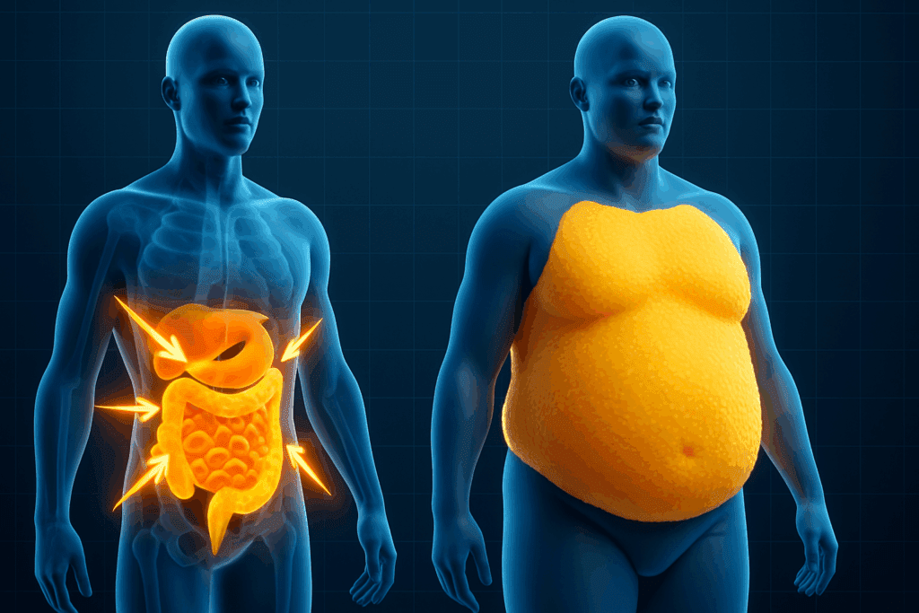 3D medical illustration comparing visceral and subcutaneous fat to show risks of Type 2 Diabetes Without Being Overweight