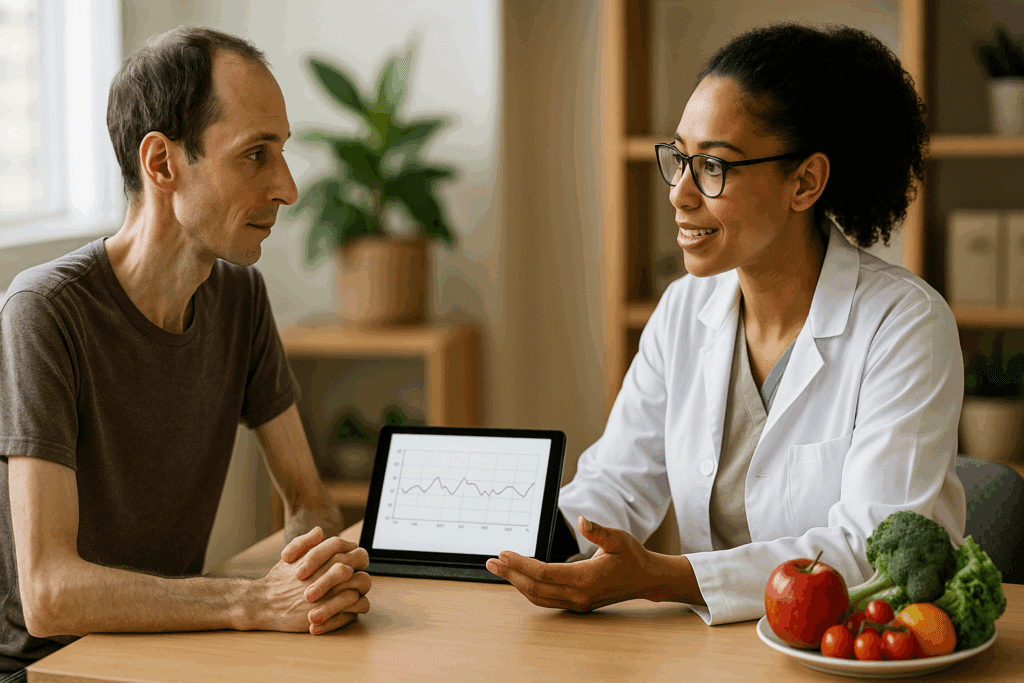 Nutritionist counseling a thin adult male using blood sugar charts and fresh produce to manage Type 2 Diabetes Without Being Overweight
