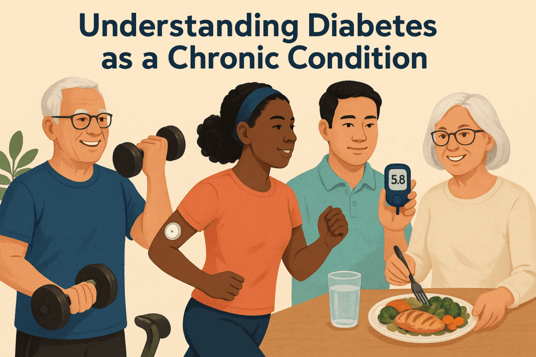 Four diverse individuals managing diabetes through healthy lifestyle choices, including exercise, using a continuous glucose monitor, and enjoying a balanced meal, illustrating long-term diabetes management.