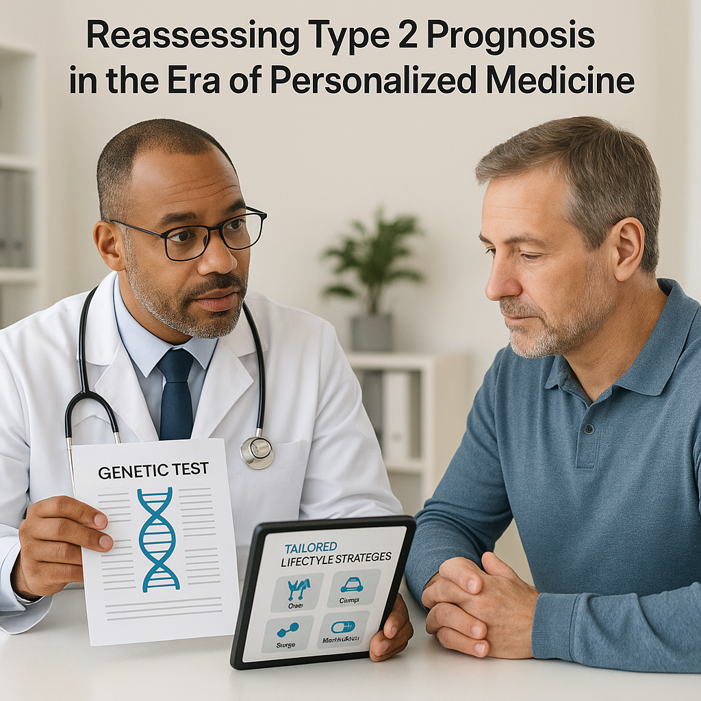 Doctor and patient discussing personalized diabetes care with genetic testing results and tailored lifestyle strategies on a tablet, emphasizing precision medicine in Type 2 diabetes management.
