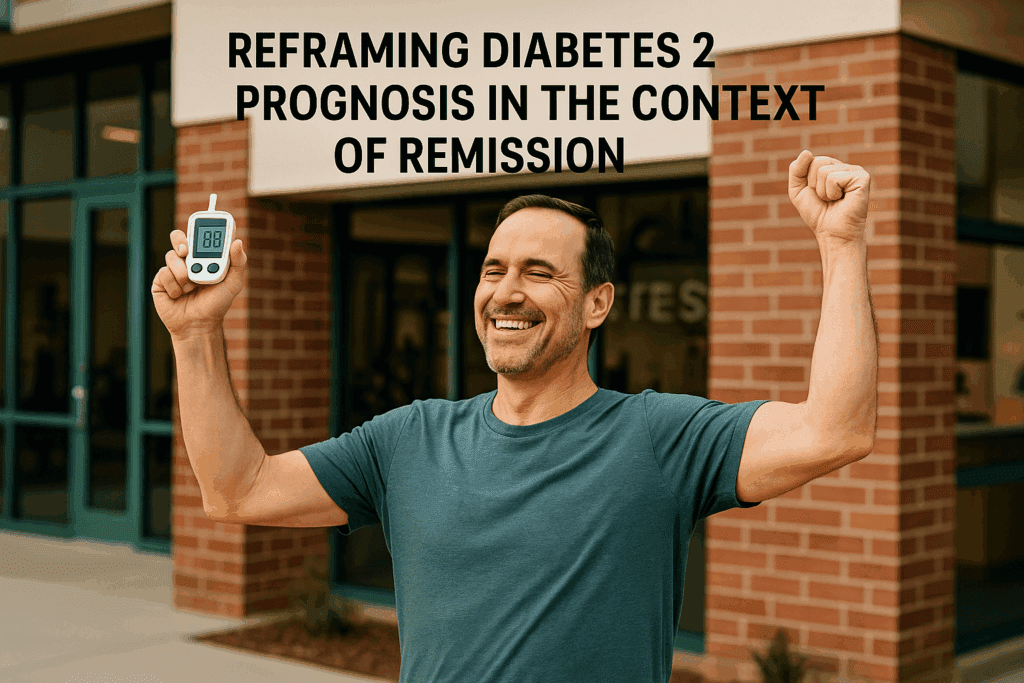 Middle-aged man celebrating achieving normal blood sugar levels after making lifestyle changes, holding a blood glucose monitor with a reading of 98, standing outside a fitness center. The image conveys hope, accomplishment, and the potential to manage Diabetes through lifestyle improvements.