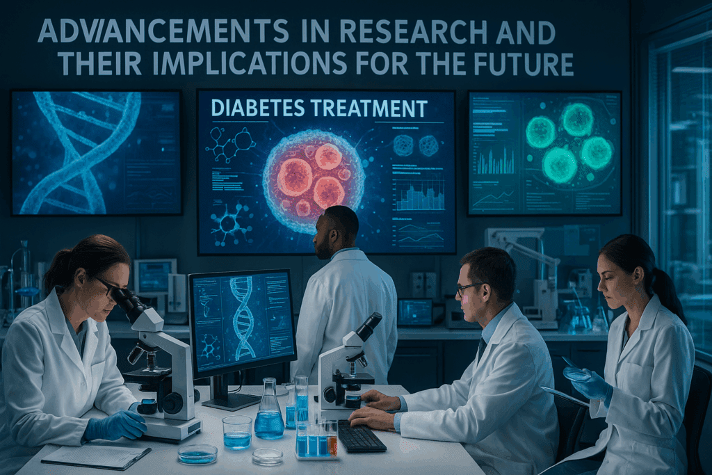Scientists in a futuristic lab conducting advanced Diabetes research with gene editing, beta-cell regeneration, and stem cell therapy tools.