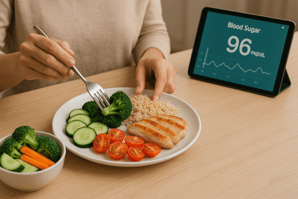 Person preparing a balanced meal with vegetables, brown rice, and grilled chicken while monitoring blood sugar on a tablet, promoting holistic Diabetes management.