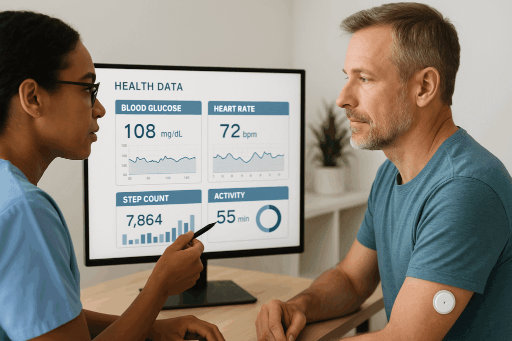 Healthcare professional reviewing a patient’s digital health data including blood glucose and heart rate, as the patient with Diabetes wears a wearable glucose monitor and discusses preventive care.