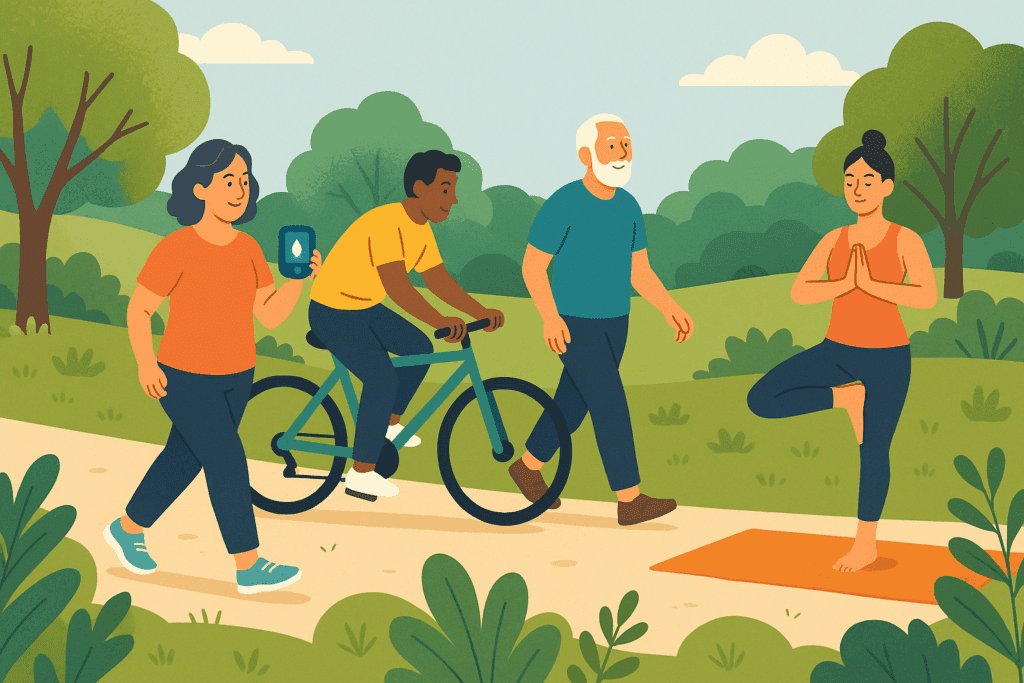 People managing Diabetes through outdoor exercise, including walking, biking, and yoga, in a peaceful park setting.