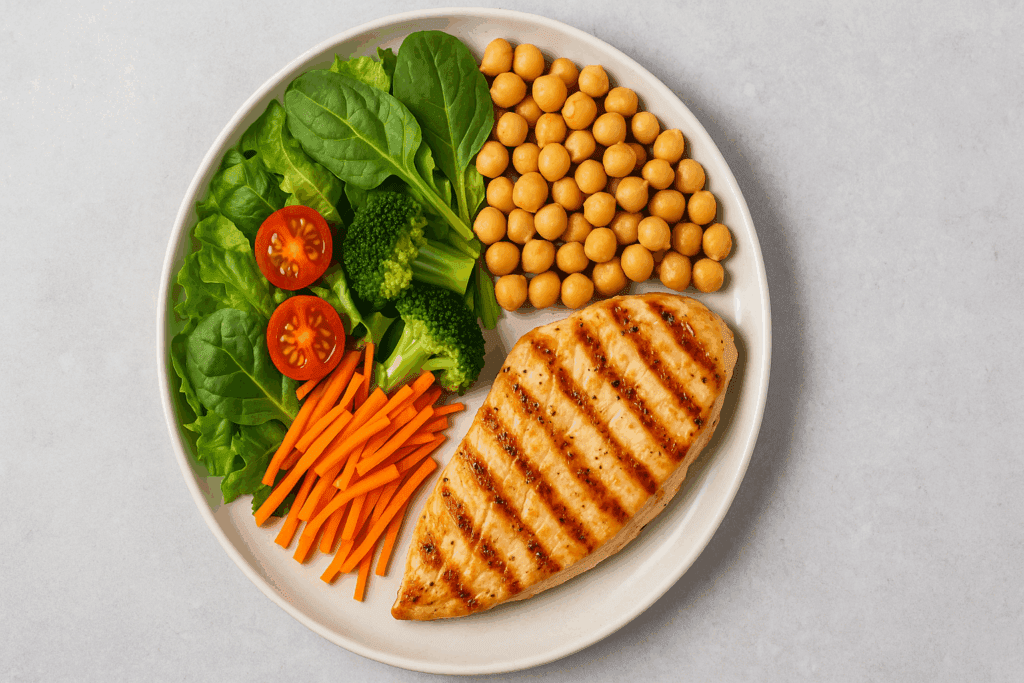 Balanced meal plate with leafy greens, chickpeas, and grilled chicken, supporting diet strategies for Can You Reverse Gestational Diabetes.