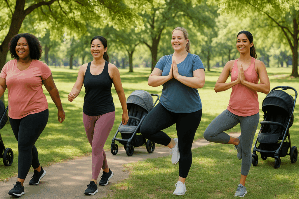 Diverse group of postpartum women exercising with strollers in a sunny park, promoting wellness and asking Can You Reverse Gestational Diabetes