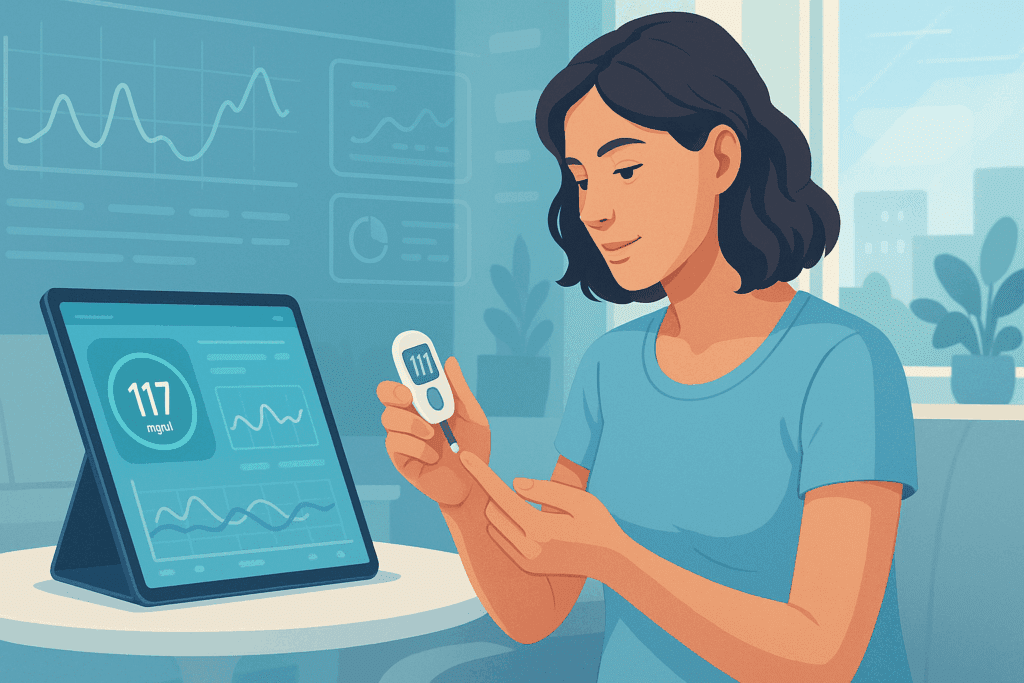 Woman using a digital glucose monitor with health data on a tablet, illustrating home care for Can You Reverse Gestational Diabetes.