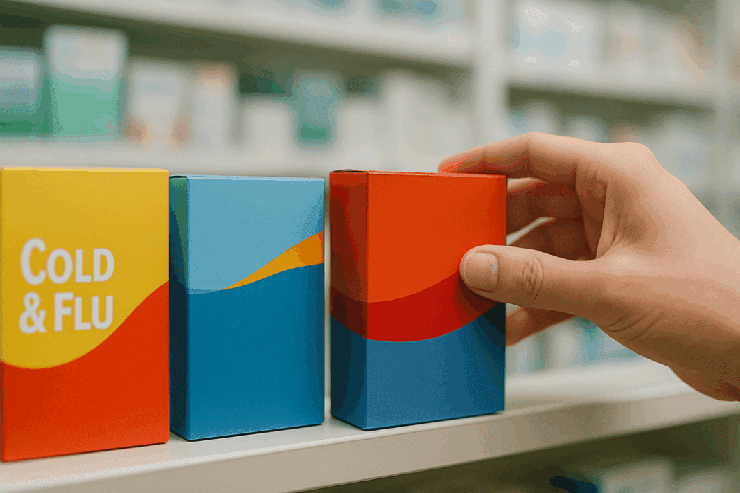 Hand reaching for over-the-counter medicine on a pharmacy shelf, illustrating can you take Mucinex with high blood pressure choices