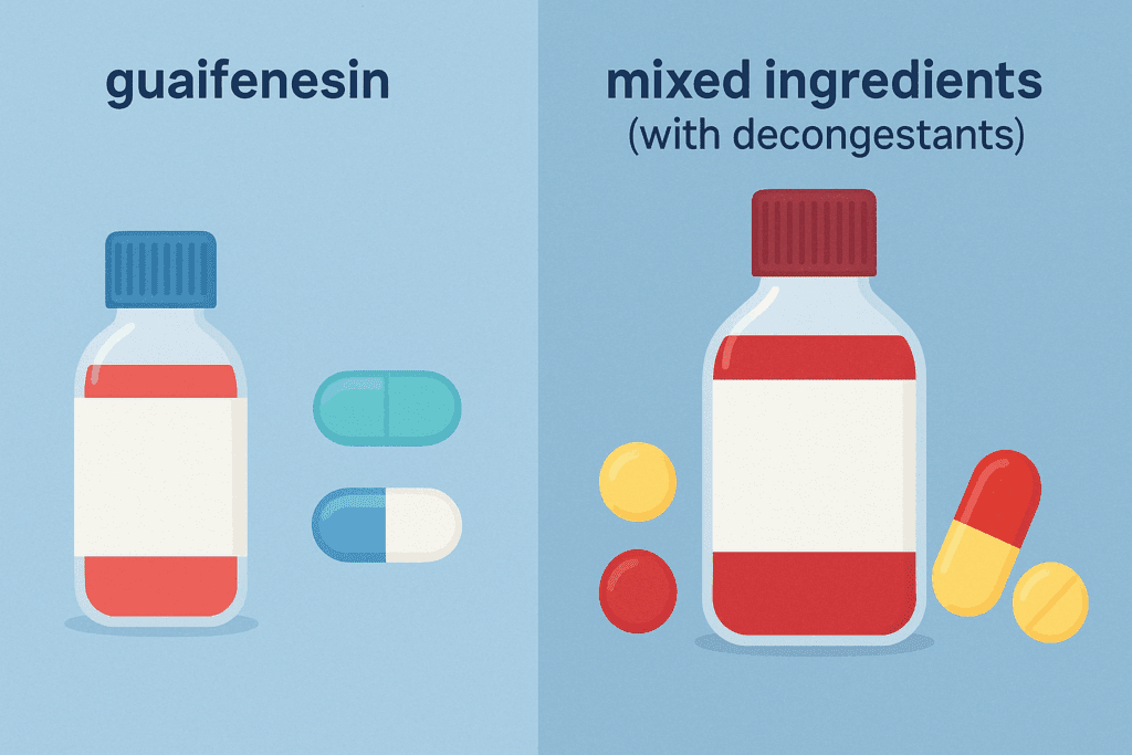 Split-screen illustration of Mucinex pills and liquid forms comparing guaifenesin-only products to decongestant combinations, aiding clarity on can you take Mucinex with high blood pressure.