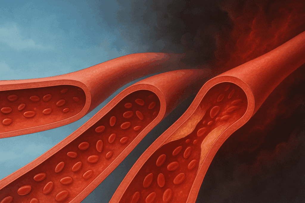 Conceptual illustration showing vasoconstriction and rising blood pressure in arteries, visualizing how decongestants may affect people who wonder can you take Mucinex with high blood pressure.