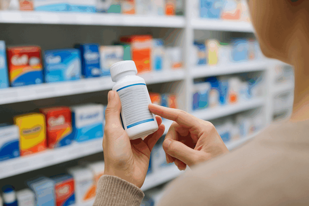 Person reading the label of cold medication in a pharmacy aisle, highlighting concerns like can you take Mucinex with high blood pressure.