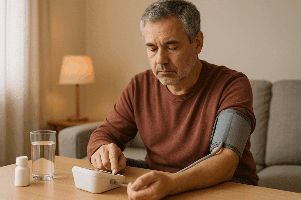 Middle-aged man calmly checking his blood pressure at home with digital monitor, cold medicine nearby—illustrating concerns like "can you take Mucinex with high blood pressure