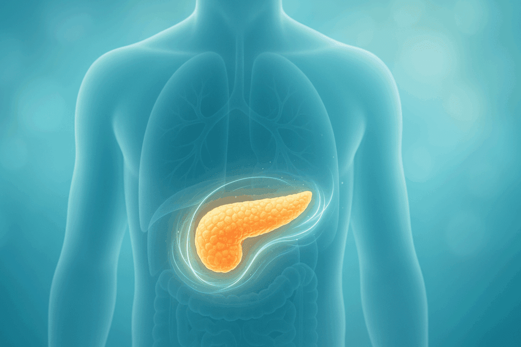 Healthy human pancreas glowing with regenerative energy inside a semi-transparent body, illustrating the concept: Can Your Pancreas Start Working Again with Type 2 Diabetes