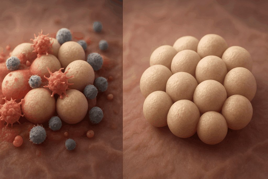 3D rendering of inflamed and regenerating pancreatic beta cells in a biological setting, illustrating stages of healing—supports the question: Can Your Pancreas Start Working Again with Type 2 Diabetes.