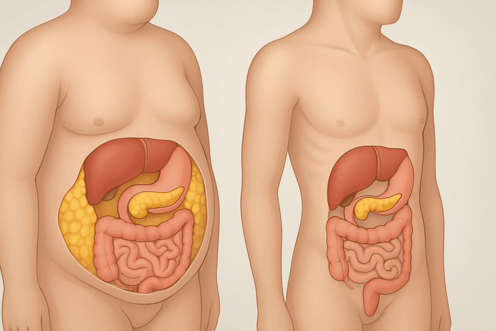 Side-by-side anatomical illustration comparing visceral fat before and after weight loss to show how the pancreas changes, supporting the topic: Can Your Pancreas Start Working Again with Type 2 Diabetes.