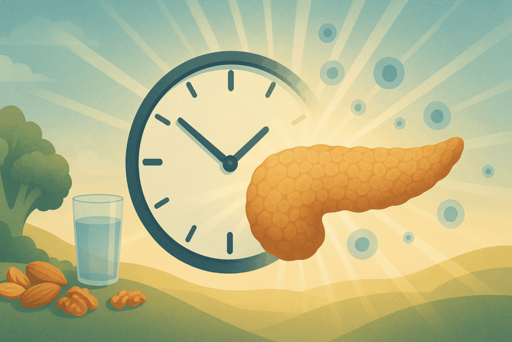 Clock morphing into a pancreas surrounded by light rays and cell symbols, symbolizing intermittent fasting and beta cell renewal, illustrating the concept: Can Your Pancreas Start Working Again with Type 2 Diabetes.