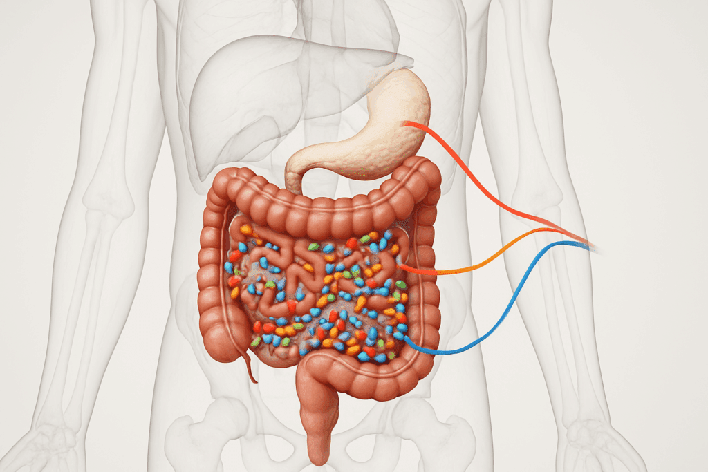 Transparent medical illustration showing intestines, microbiota, and hormone pathways linking to the pancreas, exploring “Can Your Pancreas Start Working Again with Type 2 Diabetes.
