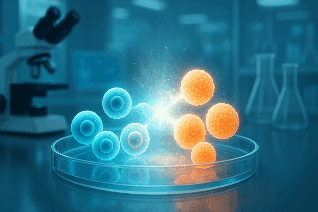Stem cells transforming into insulin-producing beta cells in a high-tech lab, illustrating the concept: Can Your Pancreas Start Working Again with Type 2 Diabetes
