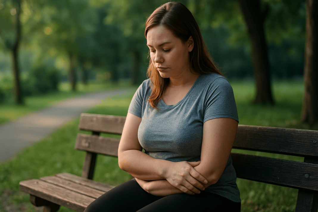 A young woman sits alone on a weathered park bench, dressed in a gray t-shirt and black leggings, surrounded by lush greenery. Soft morning light filters through the trees, creating a serene and reflective atmosphere that visually reinforces expert-backed weight loss tips for a healthier lifestyle, suggesting the importance of mindfulness and outdoor activity in long-term wellness.