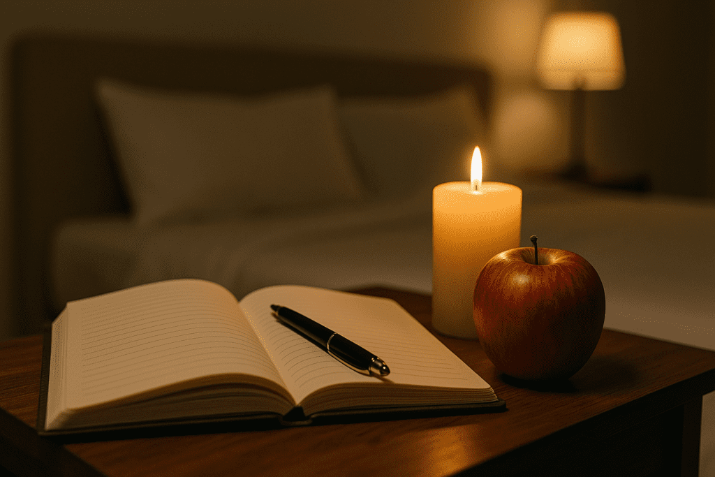 A journal, fresh apple, and lit candle rest on a wooden nightstand in a softly lit nighttime bedroom scene, evoking a sense of calm and intentionality. The warm ambient lighting and uncluttered setting visually reinforce expert-backed weight loss tips for a healthier lifestyle, symbolizing the role of mindful routines, evening reflection, and healthy choices in long-term wellness.
