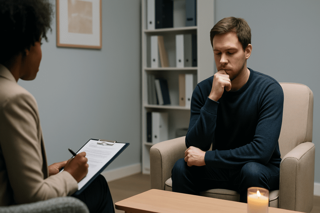 A young man sits in quiet reflection during a therapy session in a softly lit, neutral-toned office, his hand resting on his chin as a therapist listens attentively across from him. The calm, professional setting with minimal decor visually supports expert-backed weight loss tips for a healthier lifestyle by highlighting the emotional and psychological components of long-term wellness and behavior change.