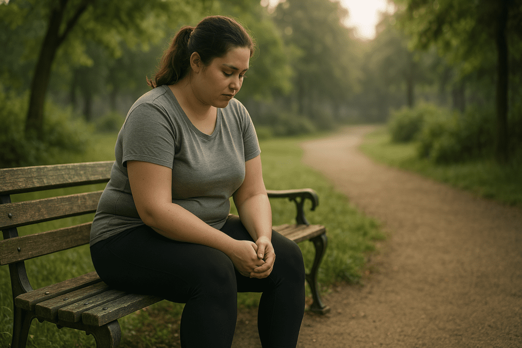 A young woman sits quietly on a rustic wooden bench in a sun-dappled park, dressed in a gray t-shirt and black leggings with her hair tied back in a ponytail. The soft morning light and natural greenery create a peaceful, introspective atmosphere that visually reinforces expert-backed weight loss tips for a healthier lifestyle, emphasizing the role of reflection, nature, and calm routines in long-term wellness.