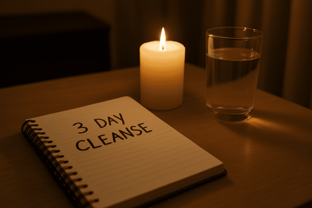 A spiral-bound notebook labeled “3 DAY CLEANSE” rests beside a flickering candle and a glass of water on a smooth wooden table in a dimly lit room. The warm, moody lighting and soft shadows evoke a calm, introspective mood, visually reinforcing the theme of how to lose 5 pounds in 3 days safely through a structured short-term detox and mindful planning environment.