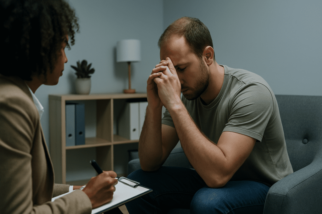 A man in his 30s sits tensely in a gray armchair during a therapy session, his hands clasped and expression serious, as a female therapist listens attentively across from him with a clipboard in hand. The clinical office setting, lit by cool fluorescent lighting and furnished in neutral tones, reinforces the emotional and psychological aspects of making safe, short-term lifestyle changes, aligning with the theme of how to lose 5 pounds in 3 days safely through structured support and mindful behavior change.