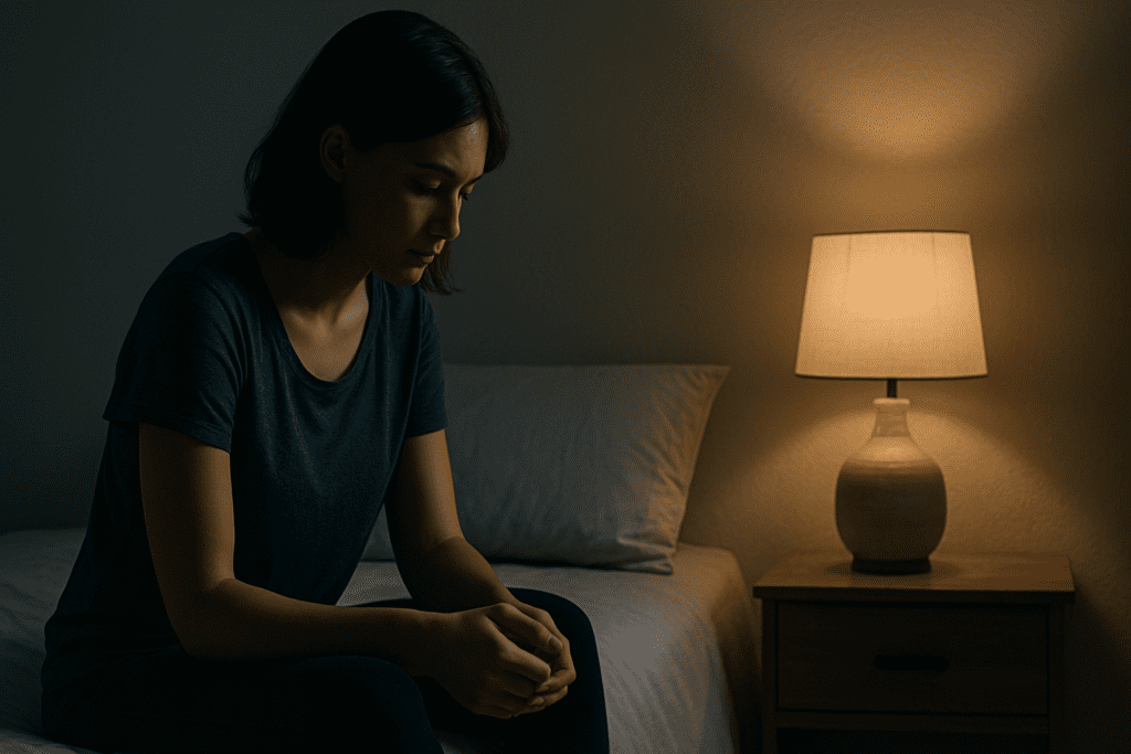 A young woman with dark brown hair sits thoughtfully on the edge of her neatly made bed in a dimly lit bedroom, her posture calm and reflective under the soft glow of a nearby lamp. The moody, high-contrast lighting and quiet nighttime setting evoke an intimate atmosphere of personal commitment, symbolizing the emotional depth behind starting a safe 3-day cleanse and reinforcing the theme of how to lose 5 pounds in 3 days through mindful evening routines and intentional rest.
