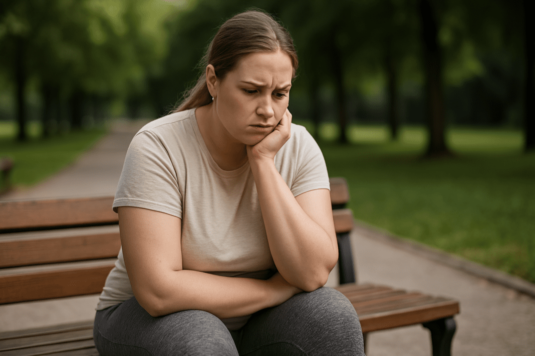 A young Caucasian woman in her twenties sits alone on a wooden bench in a quiet, green park, wearing a beige T-shirt and gray leggings. Captured in soft morning natural light, her introspective posture and downward gaze evoke personal reflection, aligning with the theme of a doctor-approved 7 day diet plan for safe and effective weight loss.