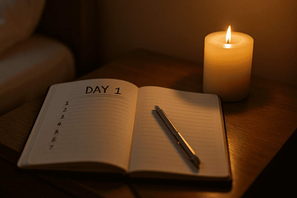 A close-up of an open journal labeled “DAY 1” rests on a wooden nightstand in a dimly lit room, with a lit candle casting warm, ambient light and soft shadows across the pages. The calm, low-light setting and symbolic layout evoke the start of a personal weight loss journey, reinforcing the theme of a doctor-approved 7 day diet plan to lose 10 pounds safely and effectively.