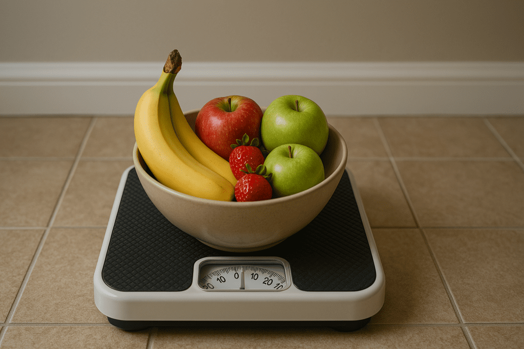 A bathroom scale with a white base and analog dial sits on beige tile flooring, topped with a ceramic bowl filled with a banana, apple, and strawberries. The soft, even lighting and clean indoor setting symbolize balanced nutrition and weight monitoring, visually reinforcing the theme of a doctor-approved 7 day diet plan to lose 10 pounds safely and effectively.