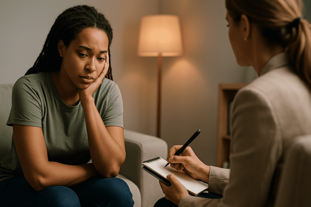 A woman of African descent with long dreadlocks sits on a light grey sofa in a therapy session, wearing a sage green shirt, while her therapist across from her listens attentively with a notepad in hand. The softly lit, neutral-toned office setting and calm emotional tone reinforce the theme of a doctor-approved 7 day diet plan by visually suggesting the importance of mental support, reflection, and guided wellness during a focused weight loss journey.
