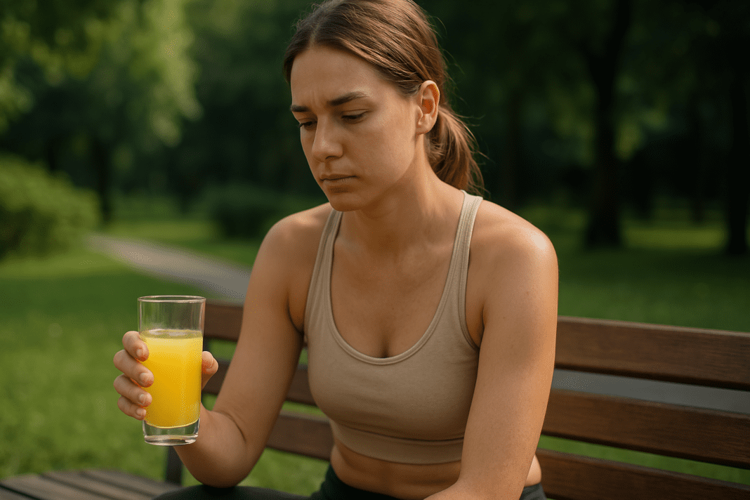 A young woman with light skin sits alone on a wooden park bench, holding a clear glass of liquid in her hands. Surrounded by soft greenery and bathed in gentle morning light, her thoughtful expression and quiet posture visually convey the reflective and restorative aspects of a 7 day liquid diet for safe weight loss and wellness.