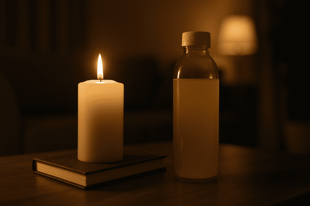 A lit white pillar candle and a glass bottle of pale yellow liquid sit atop a smooth wooden surface in a dimly lit interior, softly illuminated by warm ambient light. The minimalist composition and tranquil mood evoke the introspective and calming experience of a 7 day liquid diet, symbolizing mindfulness, detox, and the soothing rituals of liquid fasting.
