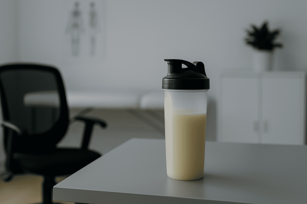 A clear shaker bottle filled with pale yellow liquid sits on a smooth gray table in a clean, clinical office setting with cool fluorescent lighting. The surrounding elements — a mesh chair, white exam table, and minimalist cabinet — subtly reinforce the structured, health-focused environment of a 7 day liquid diet, reflecting its expert-guided, medically conscious approach to safe weight loss.