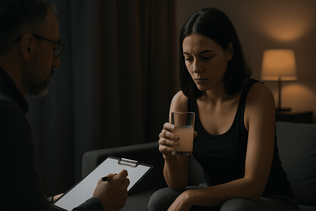 A woman sits pensively in a dimly lit therapy room, loosely holding a glass of liquid while her older male therapist observes her attentively from across the space. The moody, high-contrast lighting and subdued setting evoke the emotional introspection and supportive dialogue often associated with a 7 day liquid diet, highlighting the mental and emotional aspects of safe weight loss and lifestyle change.