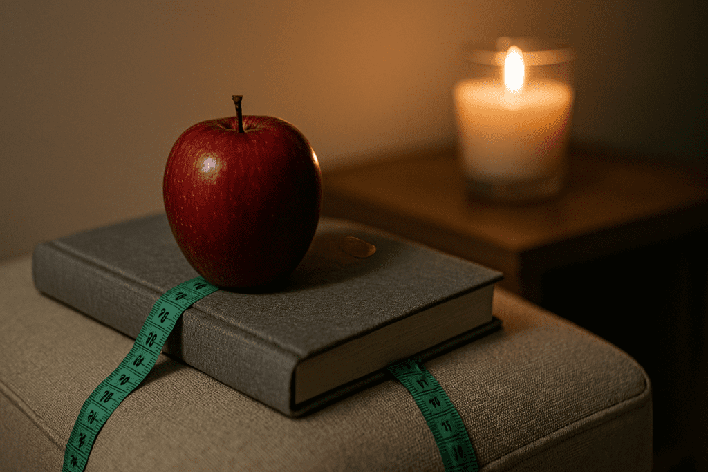 A symbolic scene shows a glossy red apple wrapped with a teal measuring tape resting on a closed gray journal, lit softly by a nearby candle on a neutral beige surface. The dim, moody lighting and minimal composition evoke themes of mindful dieting and weight loss, visually reinforcing the connection between apples, intentional eating, and sustainable wellness.