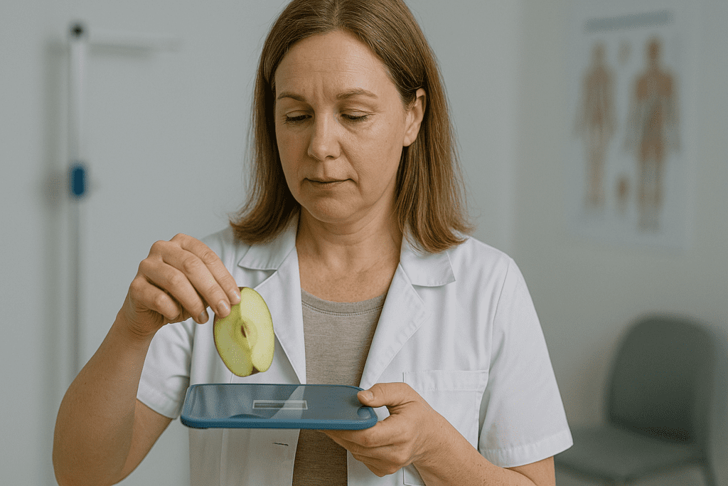 A middle-aged woman wearing a white lab coat holds a digital scale in one hand while adjusting a slice of green apple with the other, standing in a clinical room with cool fluorescent lighting. Her concentrated expression and the medical setting—complete with a height chart and anatomical poster—underscore the theme of weight loss, healthy eating, and the role of apples in expert-guided dietary planning.