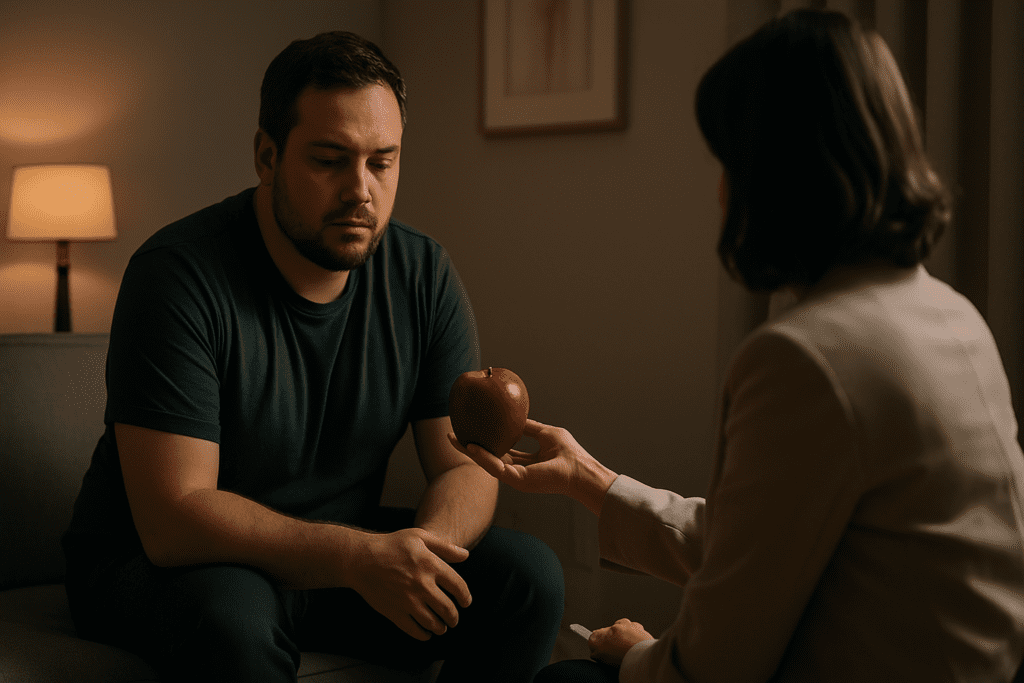 In a warmly lit therapy room, a man sits pensively on a gray couch as his therapist gently offers him a red apple, creating a moment of symbolic reflection. The intimate setting, neutral decor, and focused exchange visually reinforce the theme of apples and weight loss within the context of emotional support, mindful eating, and sustainable health habits.