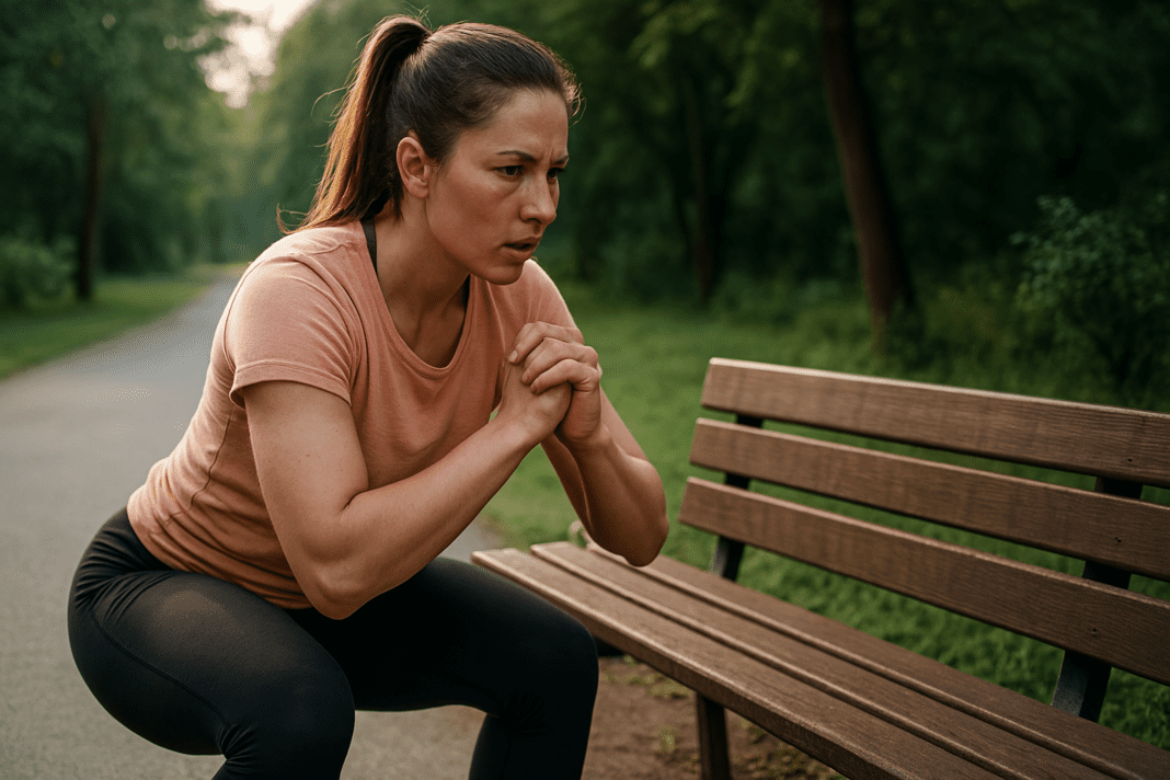 A fit young woman wearing a peach T-shirt and black leggings performs a seated forward bend on a wooden park bench during an early morning workout. Surrounded by soft sunlight and greenery, her focused expression and engaged posture reflect the theme of at-home workouts to lose weight fast, emphasizing commitment to expert-backed fat burning exercises in a realistic outdoor setting.