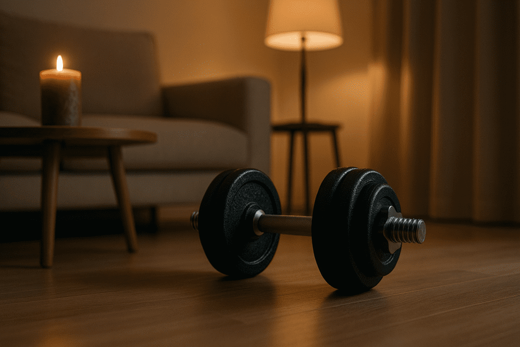 A single black dumbbell rests on a warm wooden floor in a dimly lit living room, softly illuminated by a flickering candle and ambient floor lamp. The moody lighting, neutral-toned furniture, and symbolic focus on the dumbbell reflect the theme of at-home workouts to lose weight fast, emphasizing the emotional and physical weight of personal fitness goals through a clean, symbolic composition.