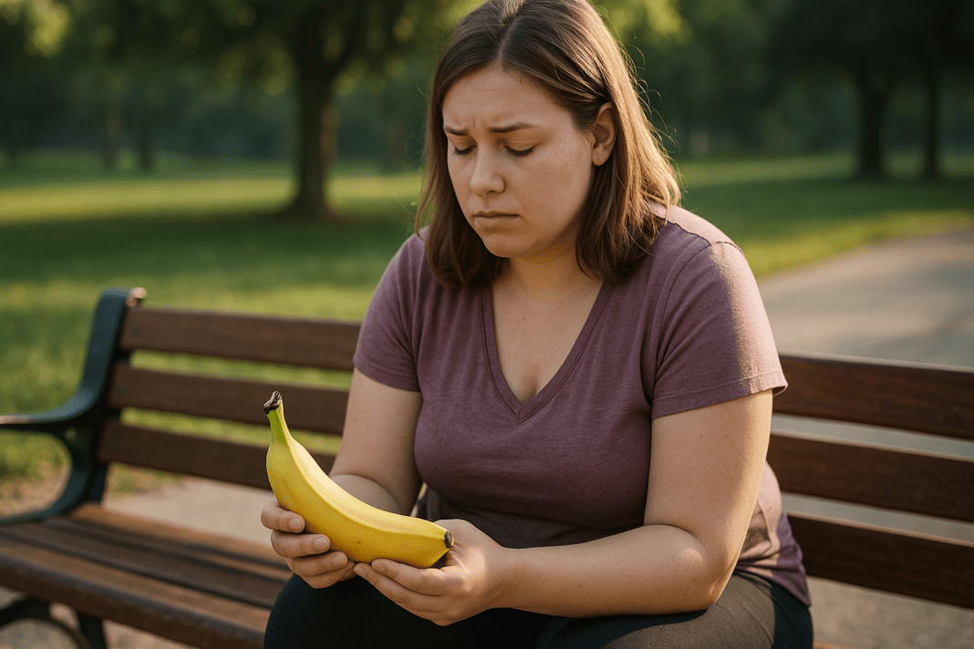 A young woman with fair skin and light brown hair sits quietly on a rustic wooden bench in a lush green park, holding a banana in both hands. Bathed in soft morning light filtering through the trees, her relaxed posture and contemplative expression reflect the theme of mindful eating and healthy weight loss with bananas in a natural outdoor setting.
