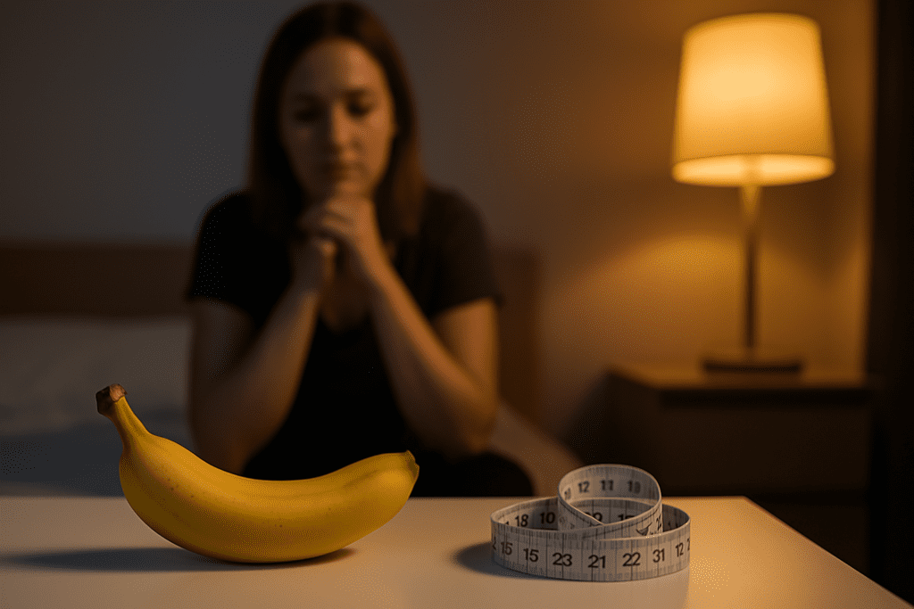 A ripe yellow banana and a coiled measuring tape rest on a white bedside table, softly illuminated by a warm lamp in a dimly lit room. In the background, a young woman in a dark gray shirt gazes downward with a contemplative expression, visually reinforcing the theme of using bananas for weight loss and healthy lifestyle reflection in a low-light nighttime setting.
